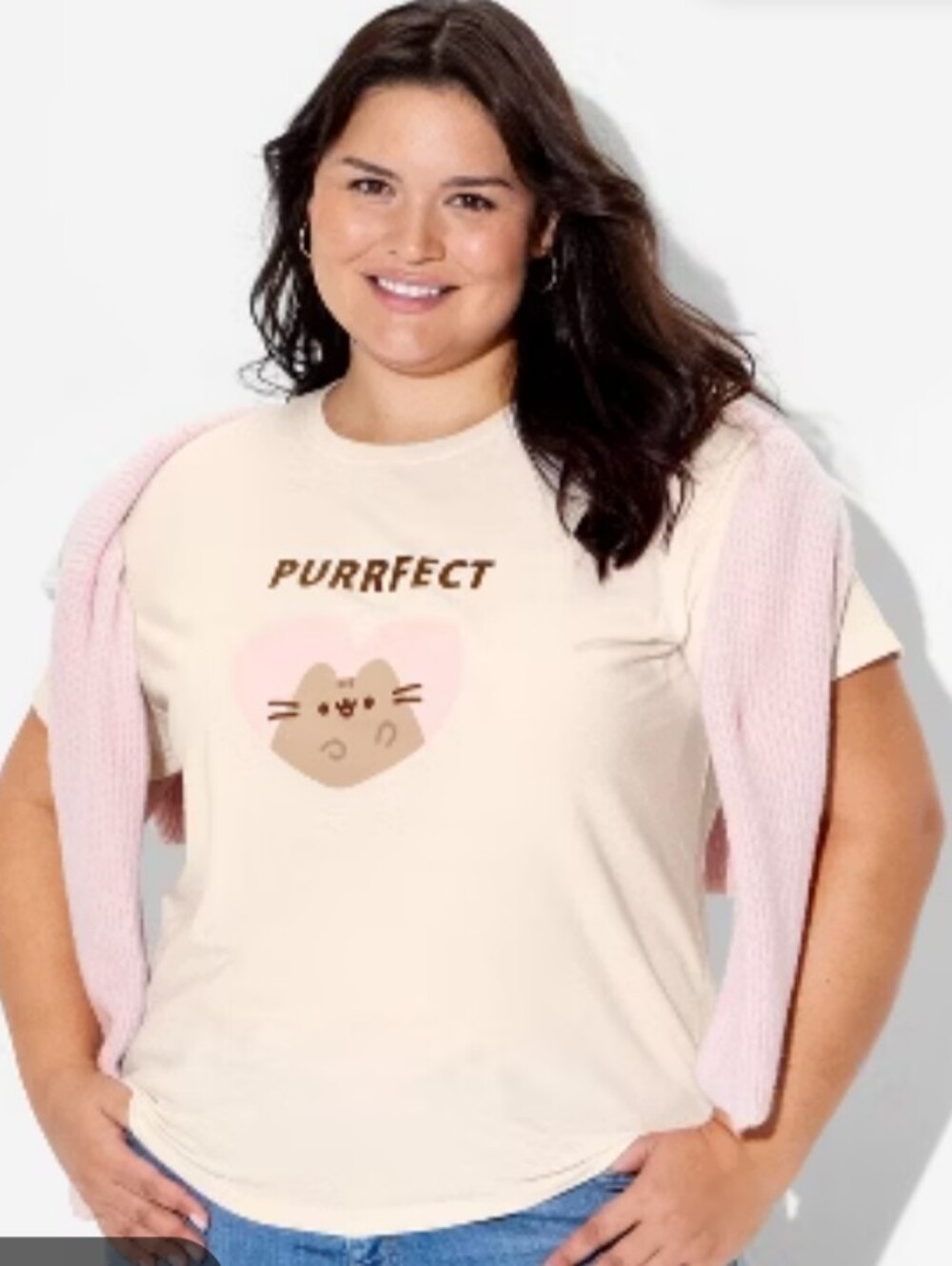 Cotton Blend Cream Tee with Pink Heart and Gray Cat Graphic Pusheen Mult Sizes